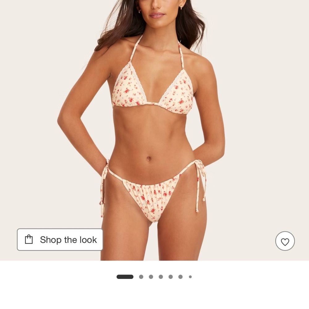 Floral Tie-Side Triangle Bikini Top & Bottom - Cream with Pink Floral